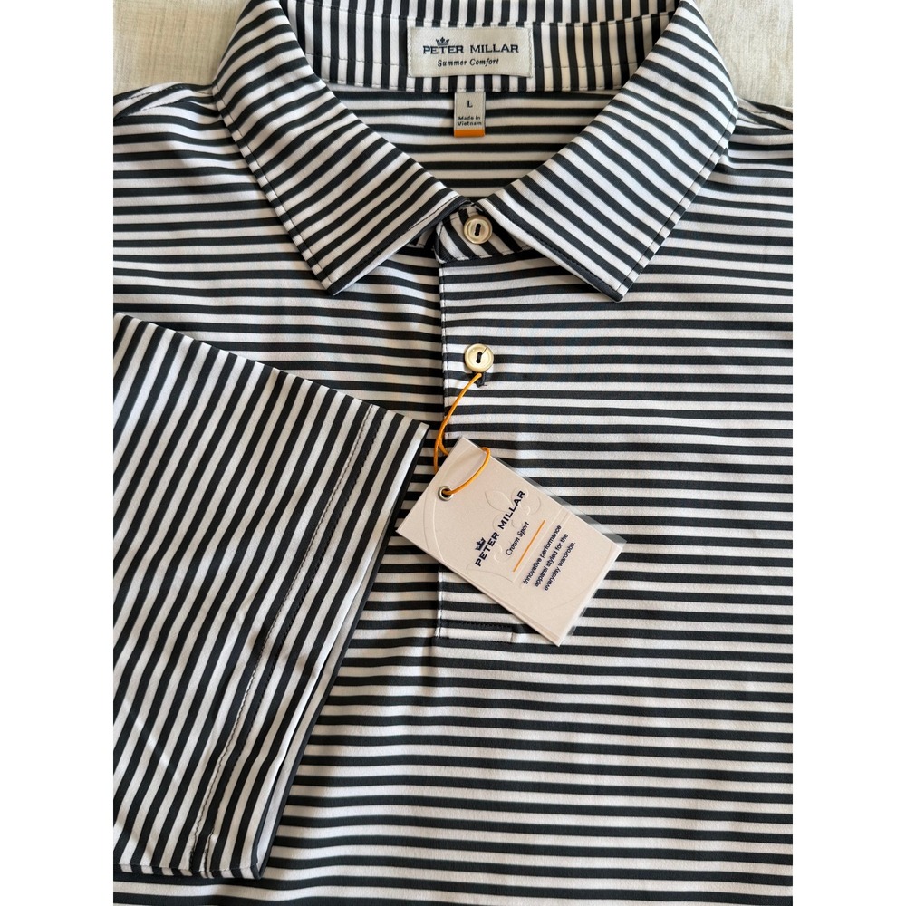 Peter Millar Polo Shirt NWT Mens L Gray White Striped Crown Sport Summer Comfort